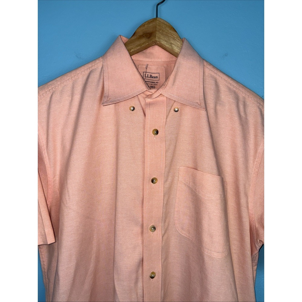 LL Bean Shirt Men's M Peach Camp Shirt Short Sleeve Oxford Stretch Pocket